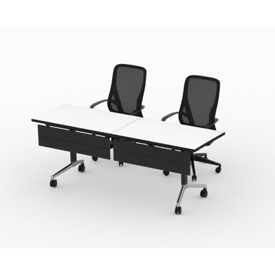 2 Person Fold-up Training Tables, Extra Long for Seminars and Conferences with White color Thick Tops, Fold-Up Legs & Integrated Power Boxes includes commercial Office Chairs.