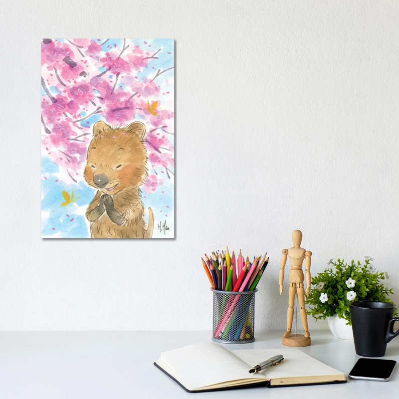 Cherry Blossom Quokka by Martin Hsu - Painting on Canvas, Wrapped Canvas, 20.32 cm H x 30.48 cm W
