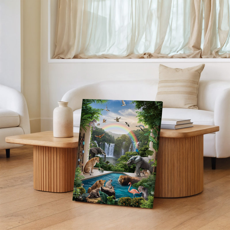 Toile, scène de jungle vibrante mettant en vedette un tableau diversifié de faune, y compris des éléphants, des lions et des singes fixés contre une toile
