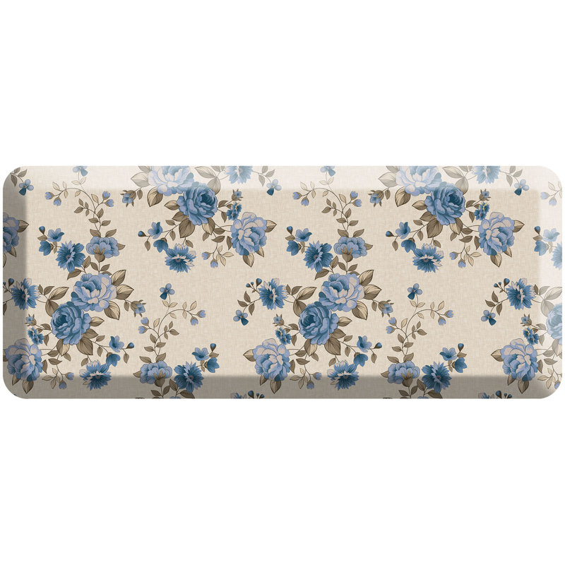 Anti-Fatigue Kitchen Comfort Mat, English Garden Rose Pattern In Blue, Blue, Runner 20" x 48"