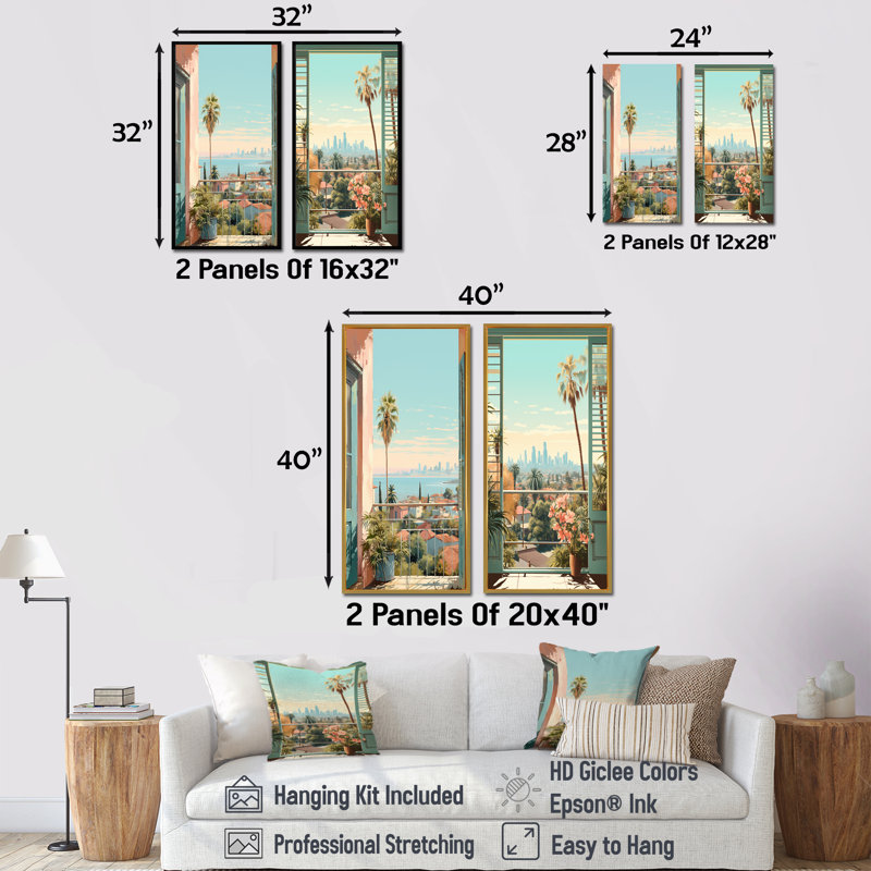Vue de fenêtre rétro de Los Angeles I - ensemble de 2 impressions sur toile de fenêtre, Cadre flottant brun
