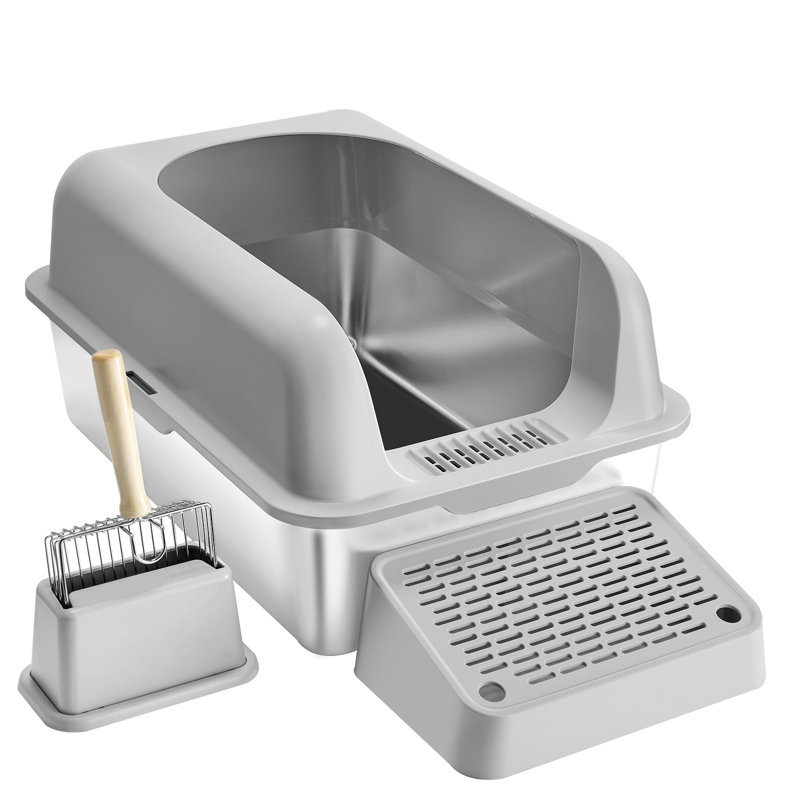 Light Gray Stainless Steel Extra Large Cat Litter Box with Scoop