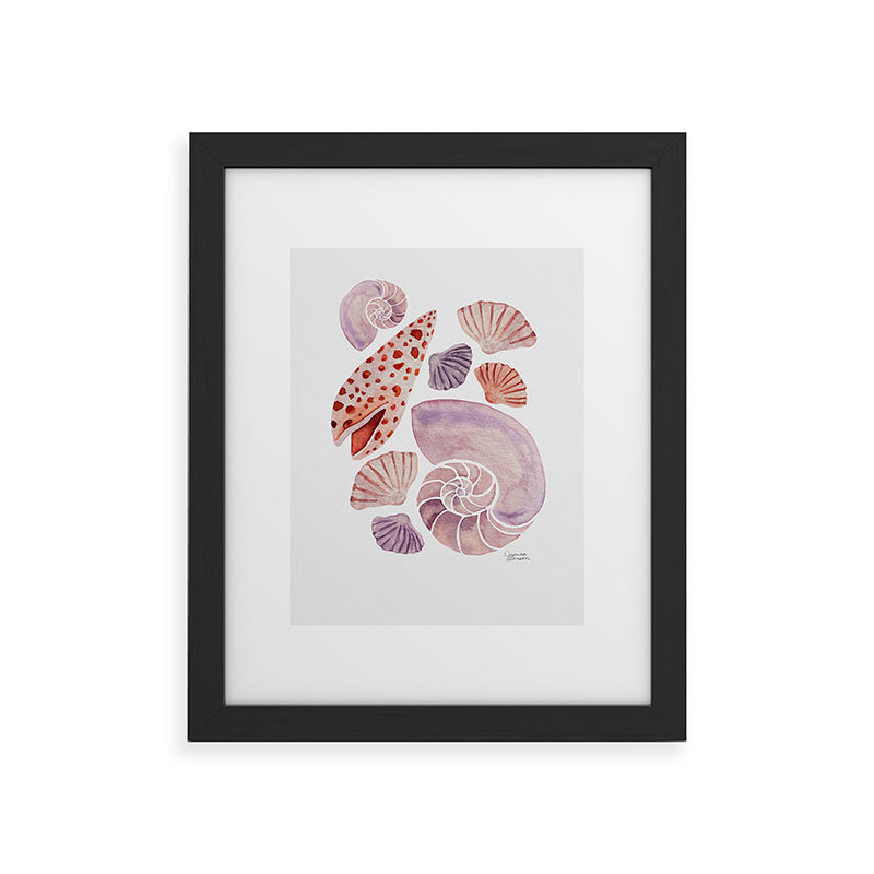 «Jessica Larson Watercolor Seashells I», reproduction d'art encadrée, Encadré bois noir, H 10 po x l 8 po x P 1,5 po