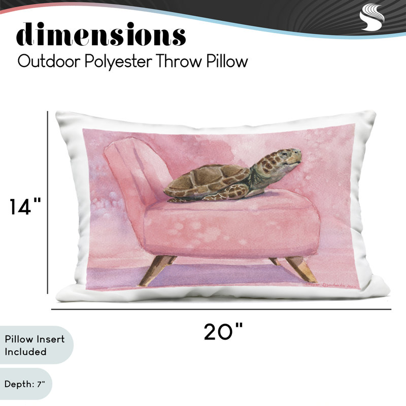 Coussin décoratif Happy Turtle on Pink Chair, par George Dyachenko, 14 x 7 x 20, Tortue rose