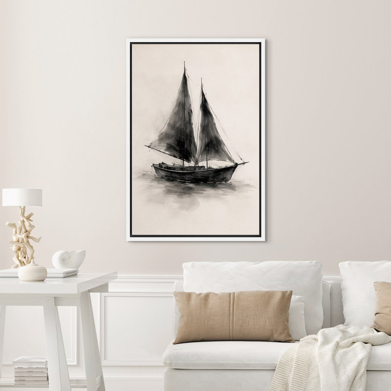 «Minimalist Black Sailboat Coastal Scene», reproduction d'art sur toile encadrée, H 24 po x l 16 po, Blanc