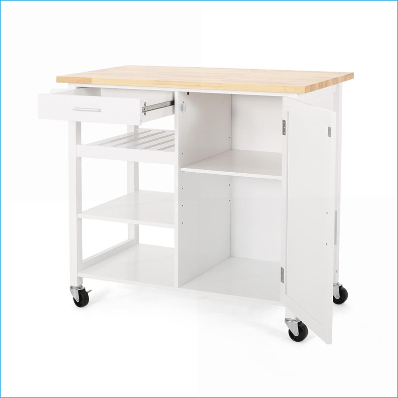 Kitchen Island Cart 41” Wide Solid Rubberwood Top Contemporary with Spice Rack, Storage &amp; Rolling Casters | Wood | Ivory