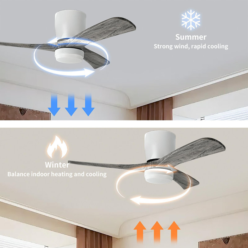 42" Solid Wood Ceiling Fan With Light-Flush Mount, Dc Motor ( Weathered Gray Walnut), Black/Gray, Antique White