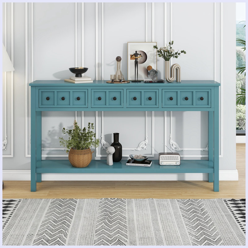 Console rustique avec deux tiroirs de taille différente et une tablette inférieure, Vert turquoise