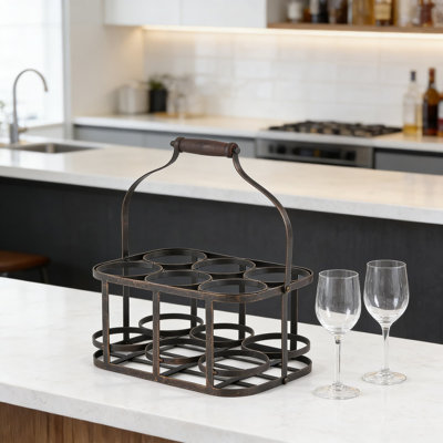 Porte-bouteilles en métal avec poignée en bois - support à vin pour 6 bouteilles, panier de rangement décoratif Vintage Farmhouse pour bar, cuisine, pique-nique, barbecue et présentoir