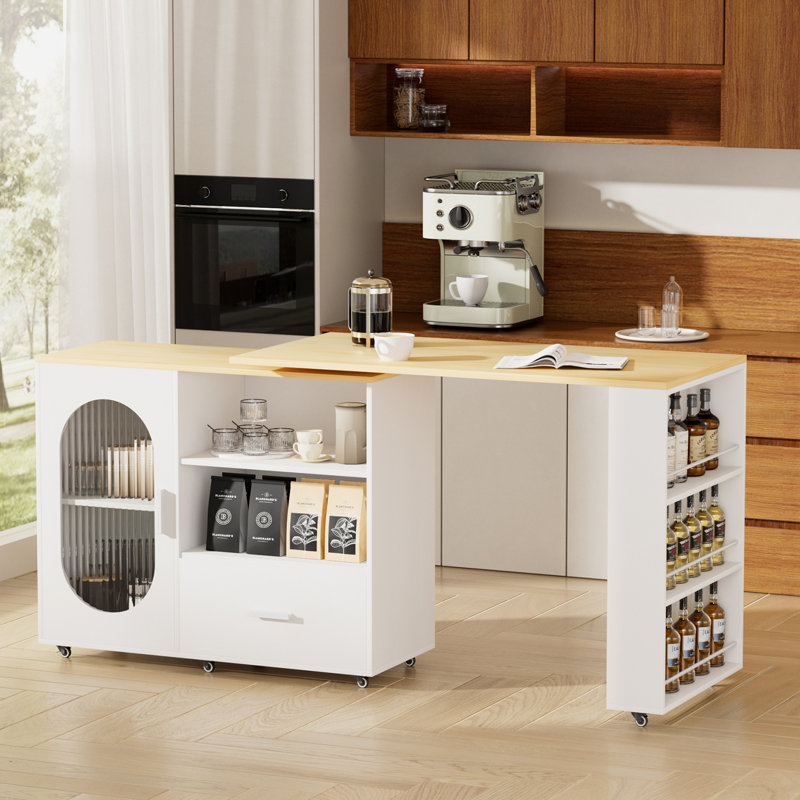 Kitchen Island With Extendable Dining Table For 1-2, Movable Kitchen Island With Storage Cabinet, Drawer, Side Spice Rack, Open Shelves And Led Lights