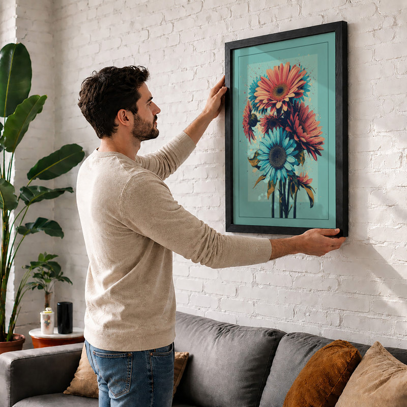 Gerbera Cluster Botanical - Framed Print, Black, A3 - 42.0 x 29.7 cm
