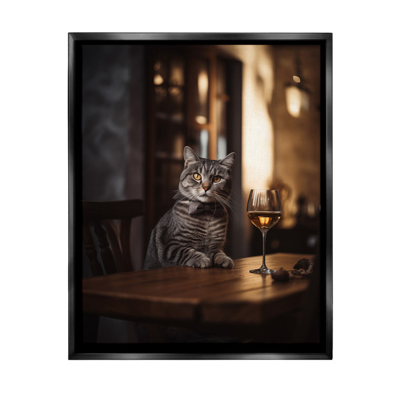 «Classy Cat With Wine Floater Frame» par Ziwei Li sur toile, H 31 po x l 25 po, Cadre flottant noir de jais