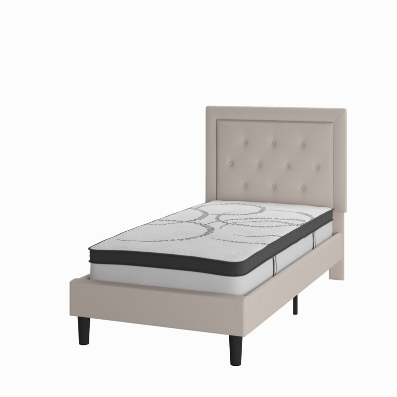 Lit plateforme capitonné Aluino Matelas à ressorts ensachés, Simple, Beige