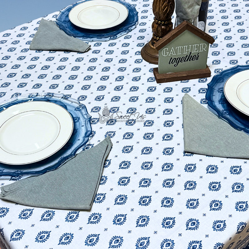 Wipeable Stain Resistant Acrylic Coated French Provencal Cotton Floral Tablecloth, Blue, 60" W x 116" L