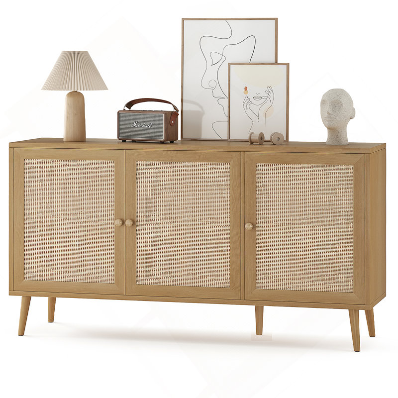 Sideboard Buffet Cabinet With 3 Rattan Doors, Kitchen Storage Cabinet For Entryway Living Room, Natural