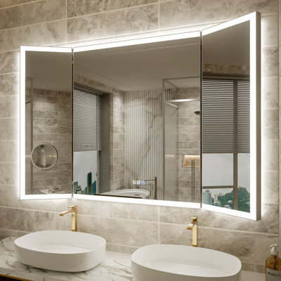 Miroir de maquillage à trois volets lumineux l 54 po x H 36 po avec éclairage à DEL avant / rétroéclairé avec deux bandes lumineuses et une loupe magnétique 5x