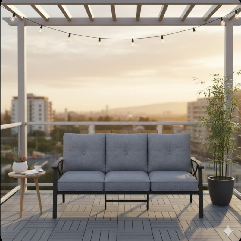 Canapé de patio 70 po 3 places toutes saisons en métal, structure kaki avec coussins gris, Gris