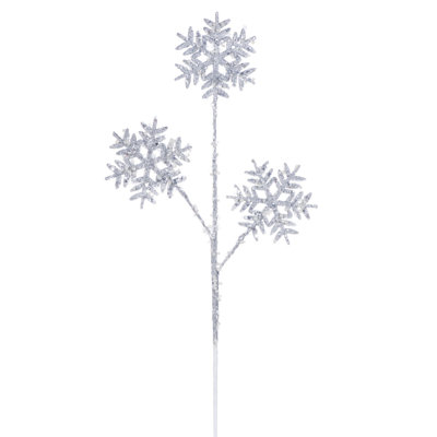  23" Silver Sequin Snowflake Spray. This holiday spray adds a sweet touch of cheer to any space with its vibrant and cheerful snowflakes. It features a wired stem and includes 2 pieces per bag.