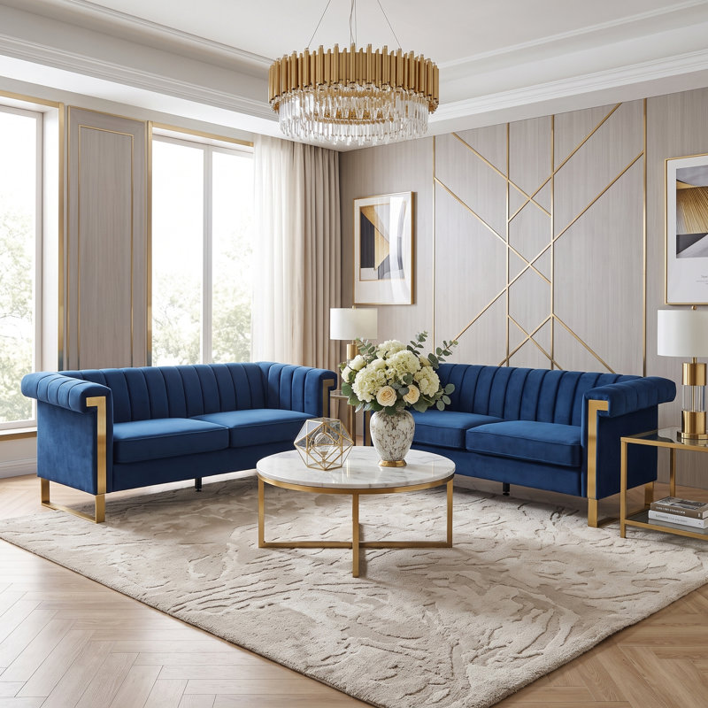 Ensemble de canapé en velours bleu rétro 2 pièces FX-P81B-Bu-2PC-SOFA