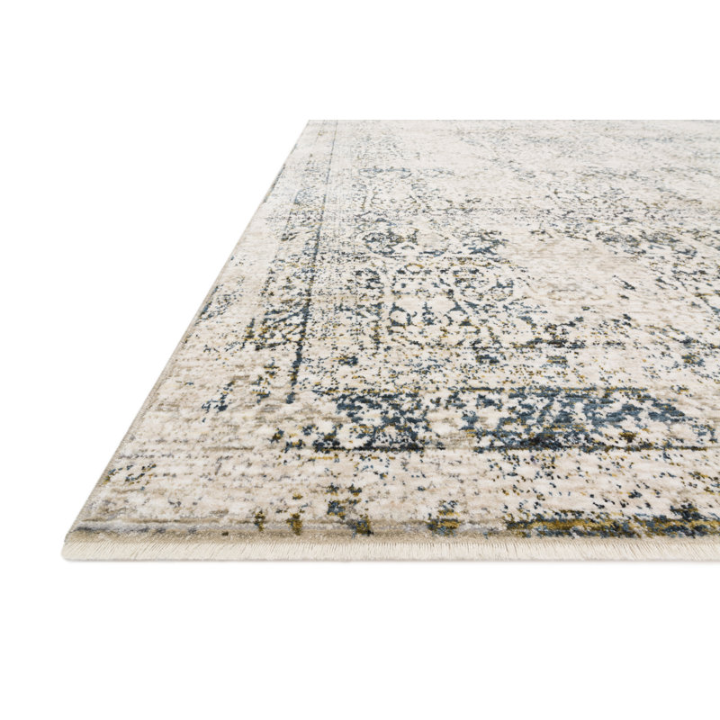 Tapis ivoire / bleu sarcelle / or Fuhrman, Rectangle 3 pi 7 po x 5 pi 2 po