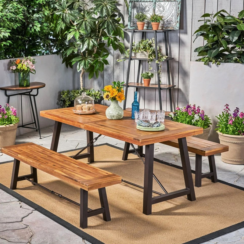 Wood Picnic - Contemporary Outdoor Table And Bench Finish Robust Metal Support