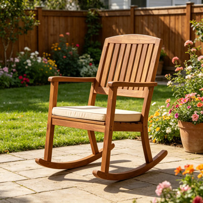 Chaise berçante d'extérieur en bois avec coussins