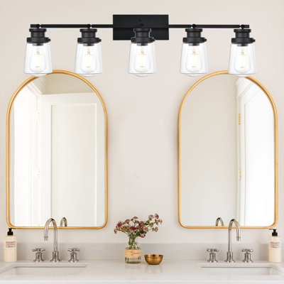 Luminaires de salle de bain noir mat, miroir de coiffeuse moderne à 5 lumières, appliques murales avec abat-jour en verre blanc laiteux, douille E26 (ampoules non incluses)