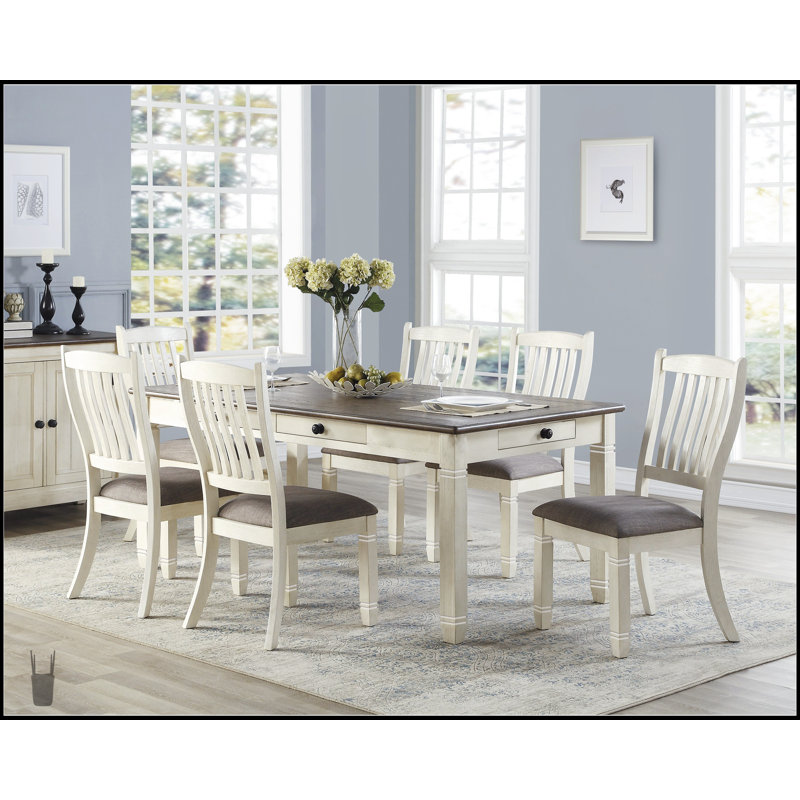 Antique White Finish 7Pc Dining Set With 6 Drawers And Upholstered Side Chairs For Elegant And Practical Dining