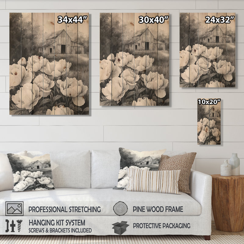 Monochrome Peonies At The Farm III - Peonies Wood Wall Art - On Natural Pine Wood, 40" H x 30" W x 0.78" D