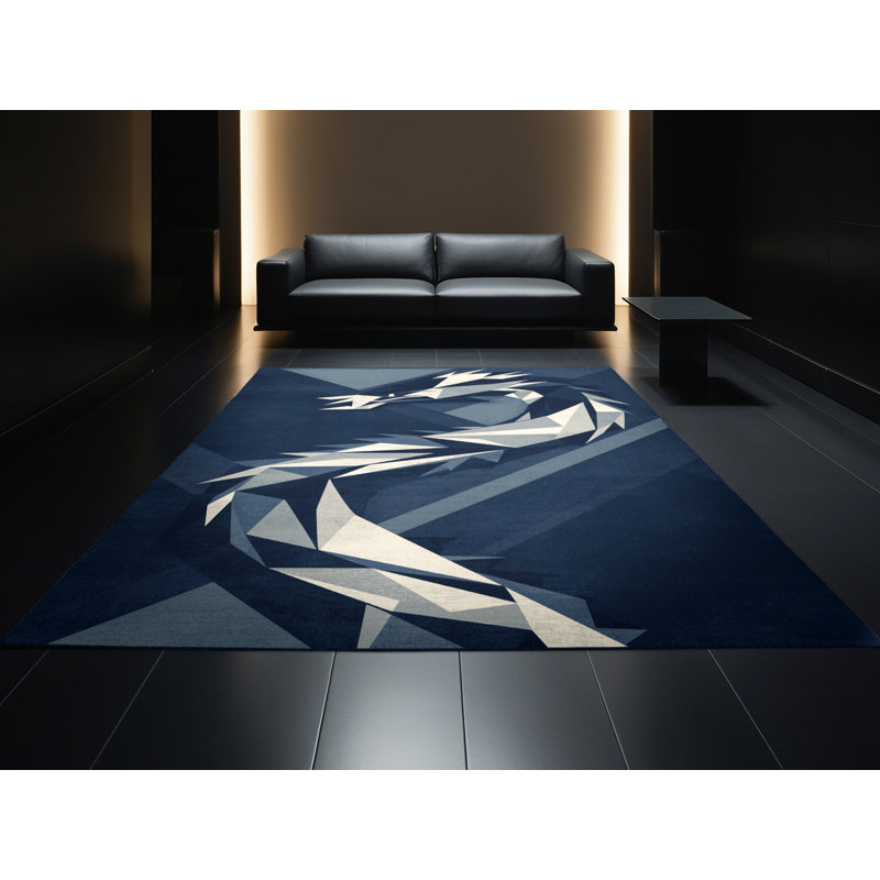 Tapis géométrique bleu lavable à la machine Ozain Dragon, 7 x 10