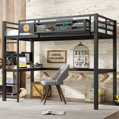 Structure de lit simple TG avec bureau, panier de rangement, lit mezzanine en métal avec horloge et port de charge, noir