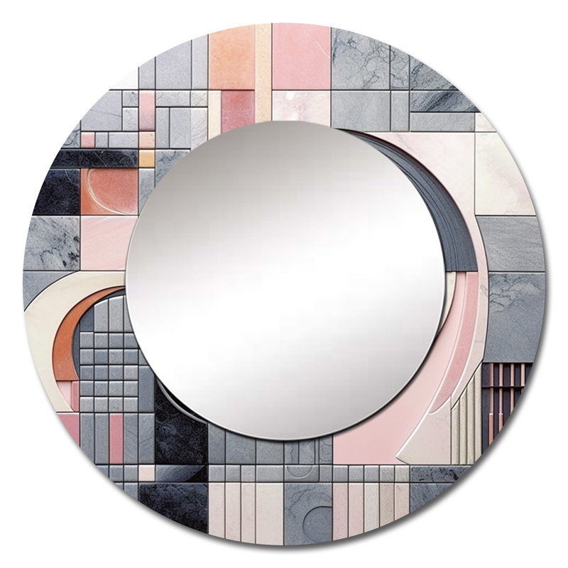 «Pink Transcendent Angles III - Abstract Shapes Unique Mirror», grand miroir mural rond rose, impression d'art en métal
