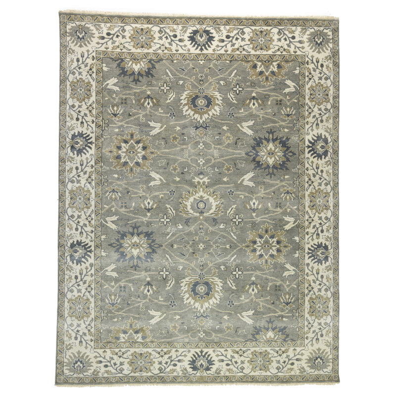 Tapis crème en laine noué à la main floral 9 pi 1 po x 11 pi 10 po Floral
