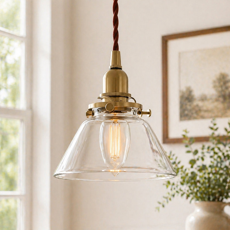 Clear Pleated Cone Glass Pendant with Retro Bell Shade