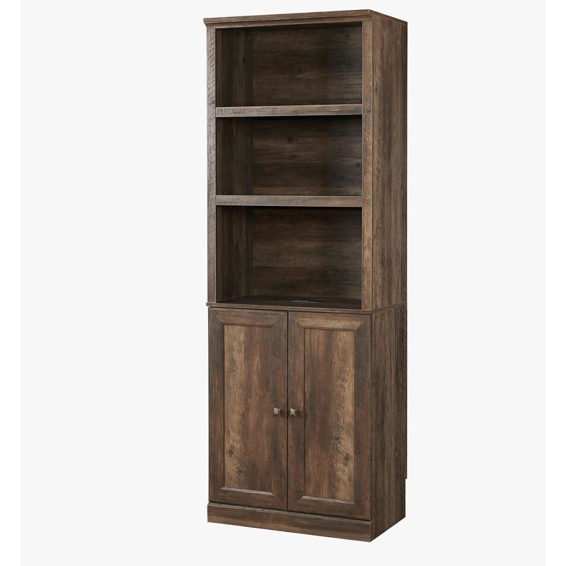 Rustic Brown Bookshelf with USB Port - 1 Door & 3 Open Shelves, Multi-Functional Side Cabinet