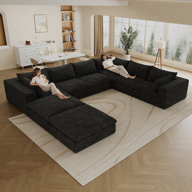 Canapé de 157,6 po Cloud, tissu en velours côtelé, sièges profonds, conception à deux couches, coussin amovible, sans assemblage, combinaison de bricolage pour salon, chambre à coucher, salle de conférence, appartement, noir