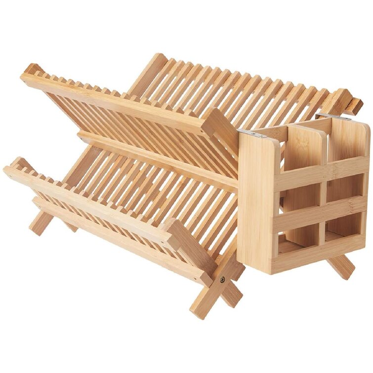 Basicwise Set of 2 Bamboo Wooden Drainer Dish Rack, Plate Rack