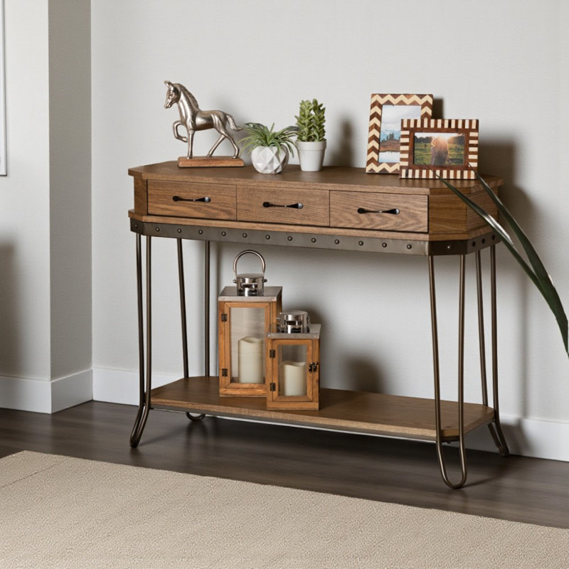Kailey 2-Low Shelves Single Drawer Console Table in Brown/Blue, 32.00" H X 42.9" W X 9.83" L