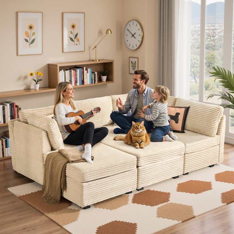 Hogle Modular Sectional Sofa With Ottoman, Plush Corduroy Fabric, Convertible U/L-Shaped Couch With Wide Deep Seats For Living Room