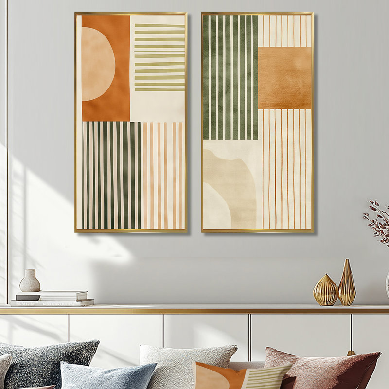 Ensemble de 2 art muraux encadrés éthéré orange et vert - Mid-Century, 32" H x 32" W, Cadre flottant doré