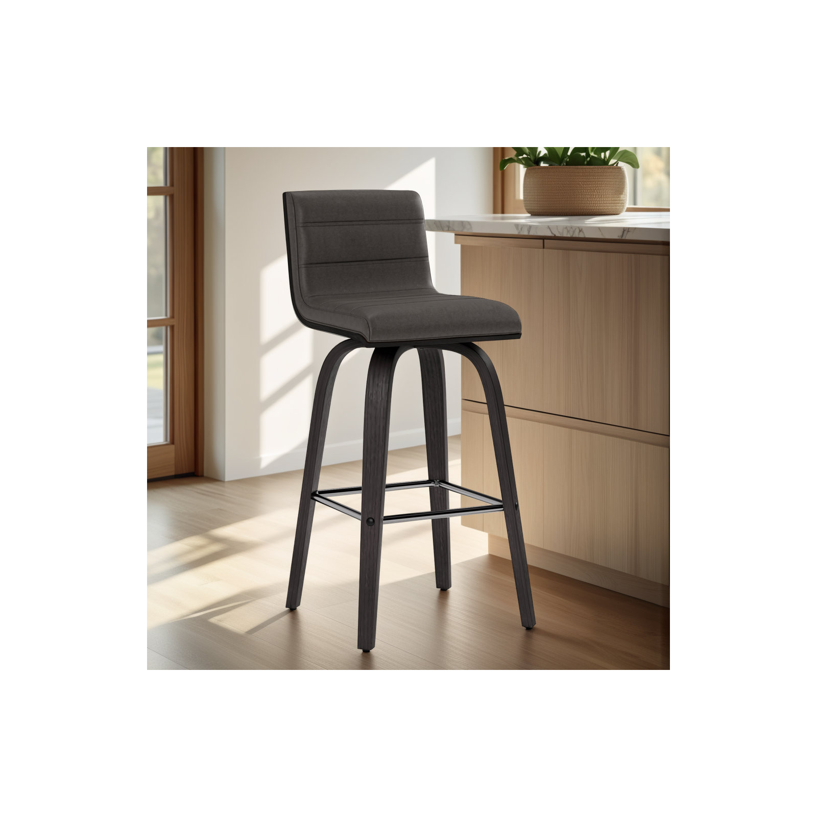 Biance Solid Wood Swivel Bar & Counter Stool, Gray Faux Leather, Counter Stool (26" Seat Height), Black