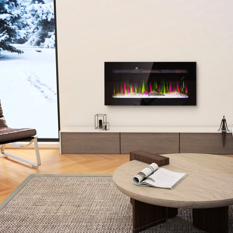 Foyer électrique 36 "avec télécommande - Chaufferette 1500W, minuterie 8H, flamme réglable, bûche et cristal, acier noir, chauffage efficace encastré mural, sortie de chaleur sécuritaire
