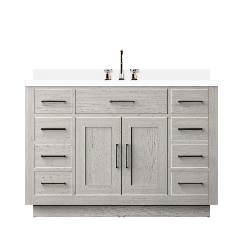 Chêne blanc 48 po W Meuble-lavabo simple avec profondeur P 22 po, comptoir en marbre de culture, robinet et armoire à fermeture en douceur incluse