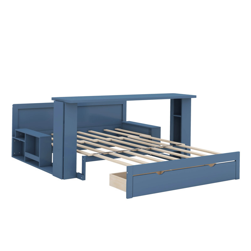 Full Size Daybed With Removable Desk, Storage Drawers And Hydraulic Side Table, Blue, Full/Double