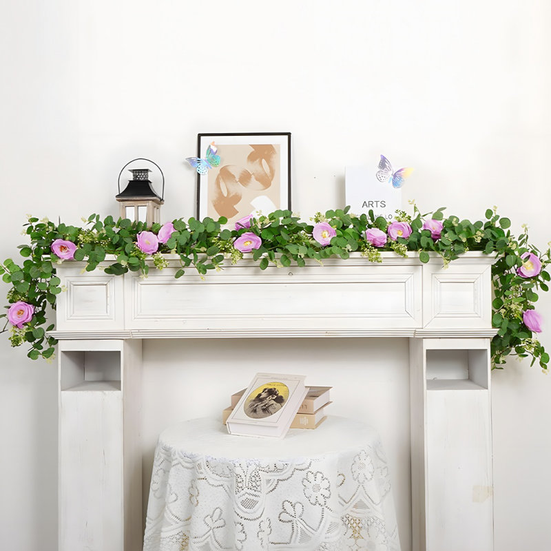 Guirlande de pivoines artificielles 5,9 pi avec papillon laser verdure Guirlande d'eucalyptus avec fleurs vignes florales printanières pour décor de table de mariage