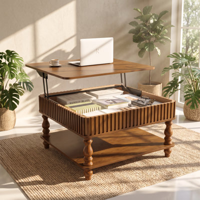 ZRUN FURNITURE 31.5" W x 31.5" D x 18.11" H Solid Wood Fluted Lift Top Coffee Table
