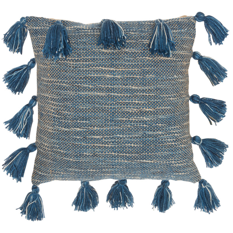 Navy Woven Cotton Throw Pillow with Tassels, 18" x 18"