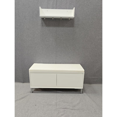 Wall - Mounted Storage Shelf With Hooks And Bench , Modern White Shoe Cabinet Thick Seat Cushion. Helps Keep Entryway Neat Tidy. Spacious Closed For Storing Bags Shoes. Secure Mount Anchor Holes In