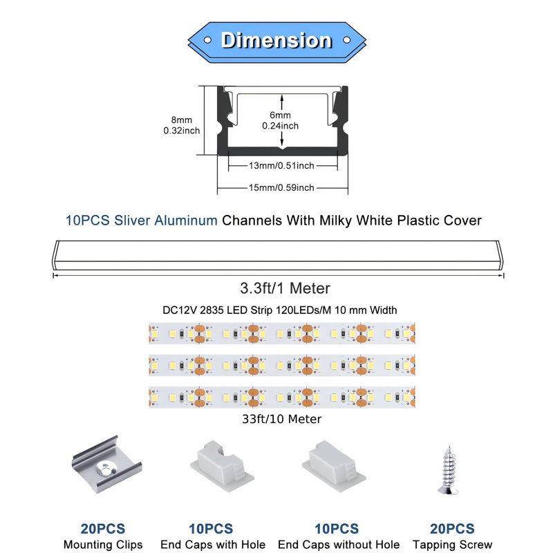 Rail d'éclairage sur rail en aluminium VST avec bande lumineuse intégrée 32,8 pi 2701 K à DEL, Blanc