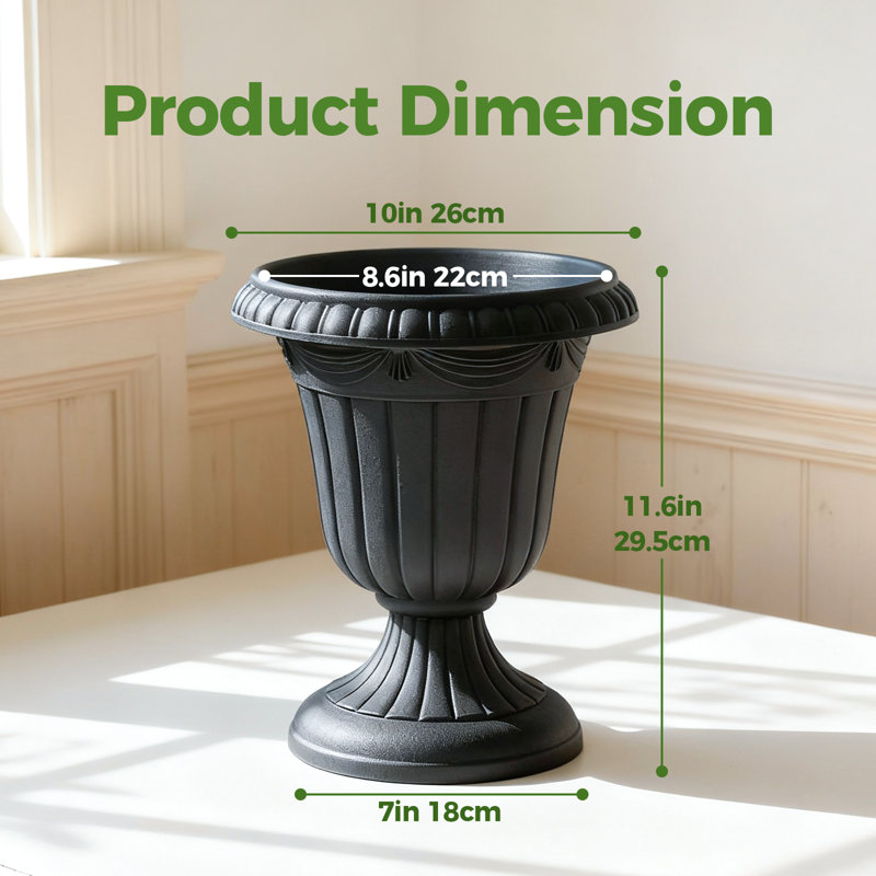 10 Inch Black Plastic Urn Planter, Large Round Classic Resin Flower Pot for Outdoor and Indoor Plants, Traditional Decorative Planter for Patio Deck Front Porch